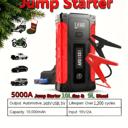 5000A Peak Portable Car Jump Starter with 150 PSI Air Inflator Pump – 10000mAh All-in-One Emergency Battery Booster, Type-C, LED Light for 12V Gas & Diesel Cars, Trucks, SUVs & Motorcycles