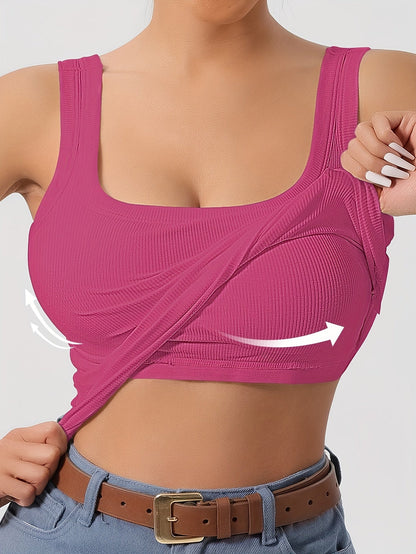 Women's Scoop Neck Tank Top Removable Chest Padding Slim Fit Casual Summer Sleeveless Top 8 Colors XS-XL Built-In Bra