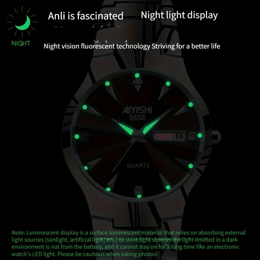 Men's Luminous Quartz Business Watch with Dual Date Calendar – Elegant Zinc Alloy Case, Simple Trend Design, Dress & Casual Wear