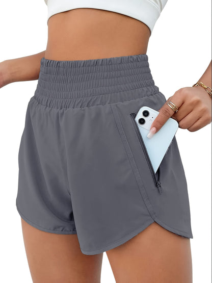 Women's High Waisted Running Shorts with Pockets, Elastic Workout Gym Shorts for Women, Non-Transparent Athletic Shorts for Training Yoga Fitness Summer, Sizes S-XXL, Khaki Grey Black Rose Red Green