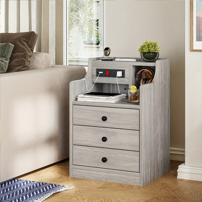 Nightstand with Charging Station – 2 USB Ports & 2 Outlets, Hutch & 3 Drawers, Bedroom End Table, Sofa Side Table for Living Room & Office, Gray or White