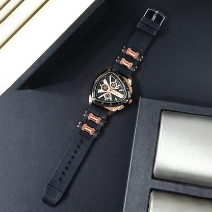 3pcs Men's Quartz Watch Set – Silicone Strap Date Display Triangular Dial, Fashion Sport Casual Wrist Watches for Men, Ideal Birthday Anniversary Gift Set