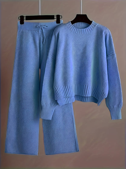 Women's Loose Knit Two-Piece Set – Round Neck Drop Shoulder Sweater & High Waist Wide Leg Drawstring Pants, Retro Casual Cozy Outfit, 10 Colors, Sizes S-XXL