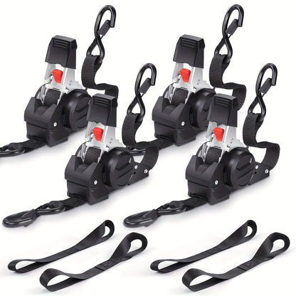 Retractable Ratchet Tie Down Straps 4-Pack Heavy Duty Self-Retracting – 2pcs 10 Ft Auto Cargo Straps for Truck, Trailer, Motorcycle, Moving & Appliances Securing