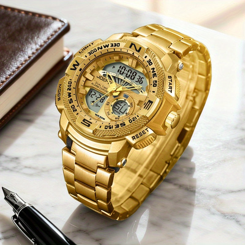 Men's Dual Display Sport Watch – Large Face LED Night Light, 3ATM Waterproof, Chronograph, Alarm & Calendar, Field Style Wristwatch in Gold & Silver