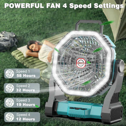 Rechargeable Portable Camping Fan with LED Light & Hanging Rope - 4-Speed USB Battery Powered Tent Fan for Outdoor Travel Indoor Home