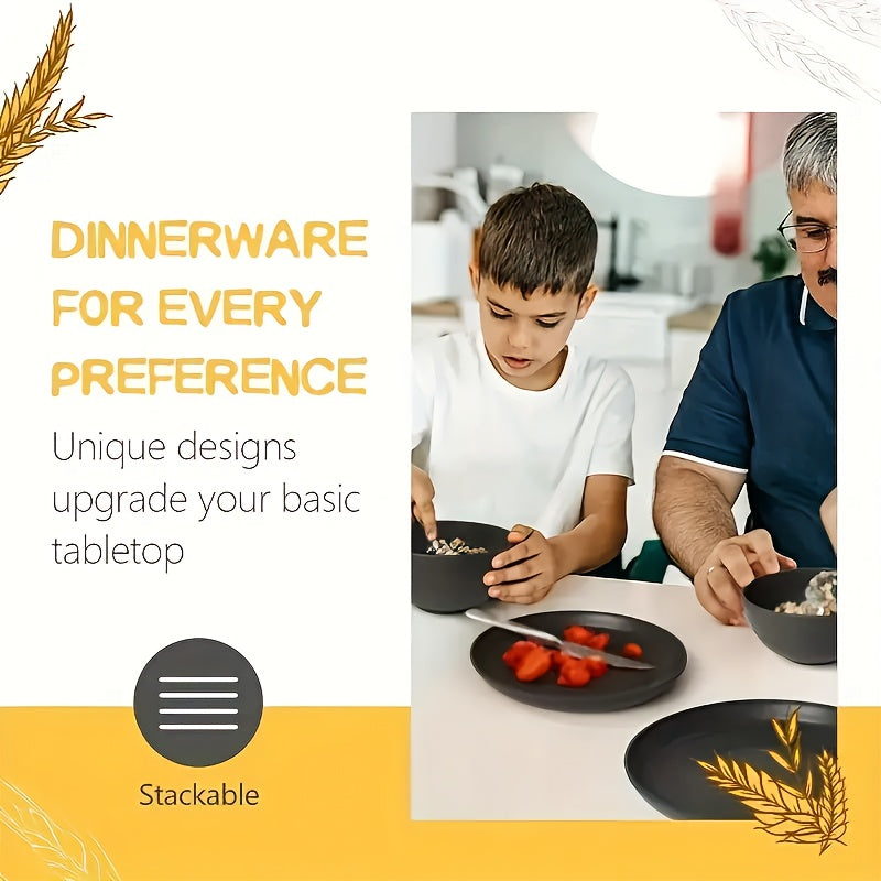 Black Wheat Straw Tableware Set – 16/32 Piece Unbreakable Eco-Friendly Plates Dessert Plates Bowls & Cups for 4-8 People, Outdoor Camping Party Wedding Halloween Kitchen Accessories