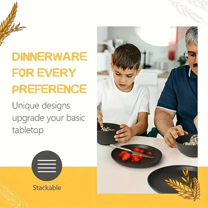 Black Wheat Straw Tableware Set – 16/32 Piece Unbreakable Eco-Friendly Plates Dessert Plates Bowls & Cups for 4-8 People, Outdoor Camping Party Wedding Halloween Kitchen Accessories