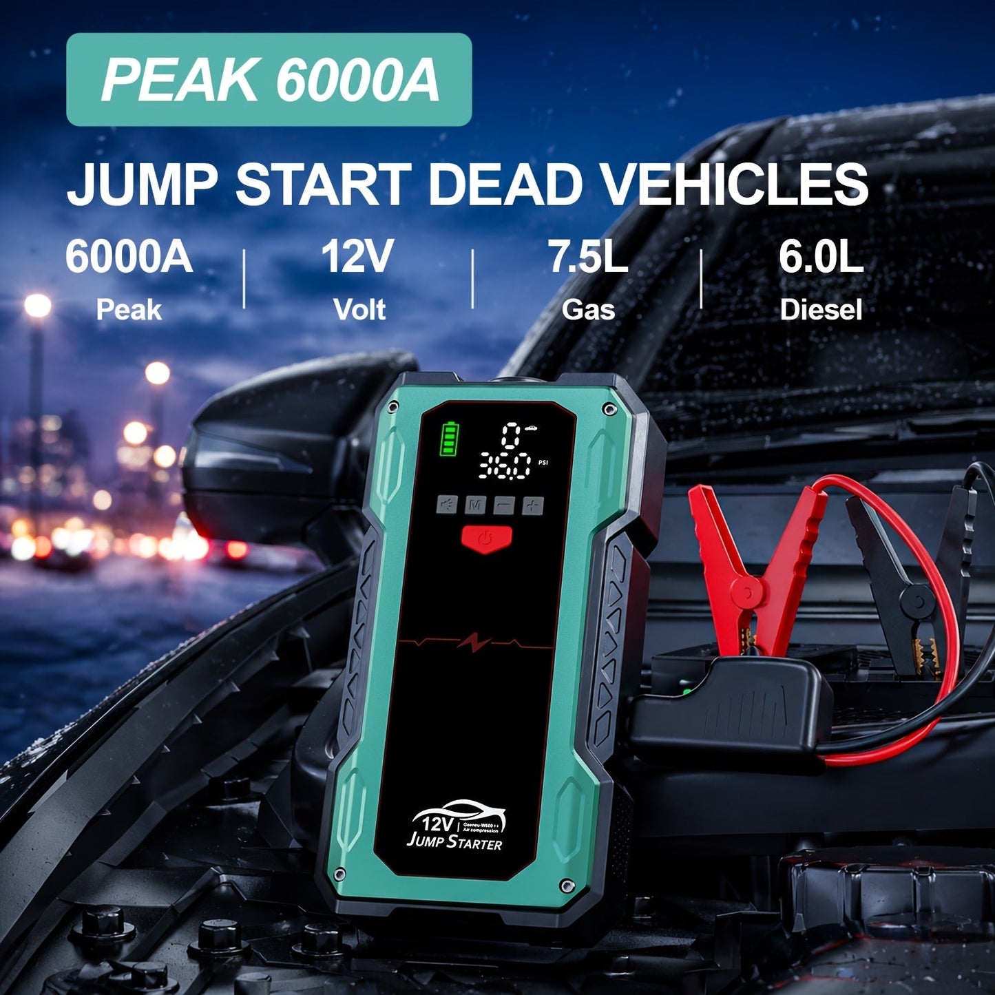 6000A/9000A Portable Jump Starter with 150 PSI Air Compressor – 7-in-1 Jump Box with Digital Tire Inflator & Battery Pack for Gas (10L) & Diesel (9.0L) Engines, Car Jumper Starter with USB Ports