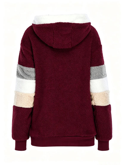 Women's Teddy Bear Jacket – Autumn Winter Color Block Zip-Up Fleece Coat, Soft Warm Casual Outerwear, 2 Color Combinations, Sizes S-XL, Cozy Street Style Jacket