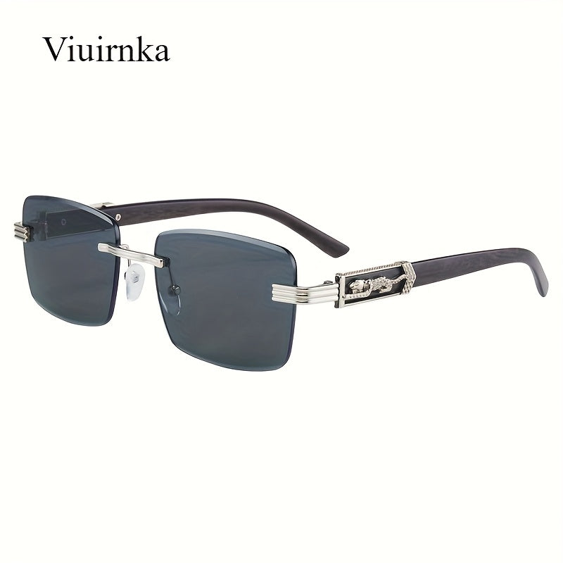 Vintage Rimless Rectangle Sunglasses for Women Men – Trendy Leopard Temple UV Protection Eyewear, 7 Lens Colors, Stylish Unisex Glasses for Outdoor, Driving, Travel, Parties & Daily Wear