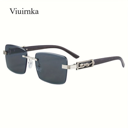 Vintage Rimless Rectangle Sunglasses for Women Men – Trendy Leopard Temple UV Protection Eyewear, 7 Lens Colors, Stylish Unisex Glasses for Outdoor, Driving, Travel, Parties & Daily Wear