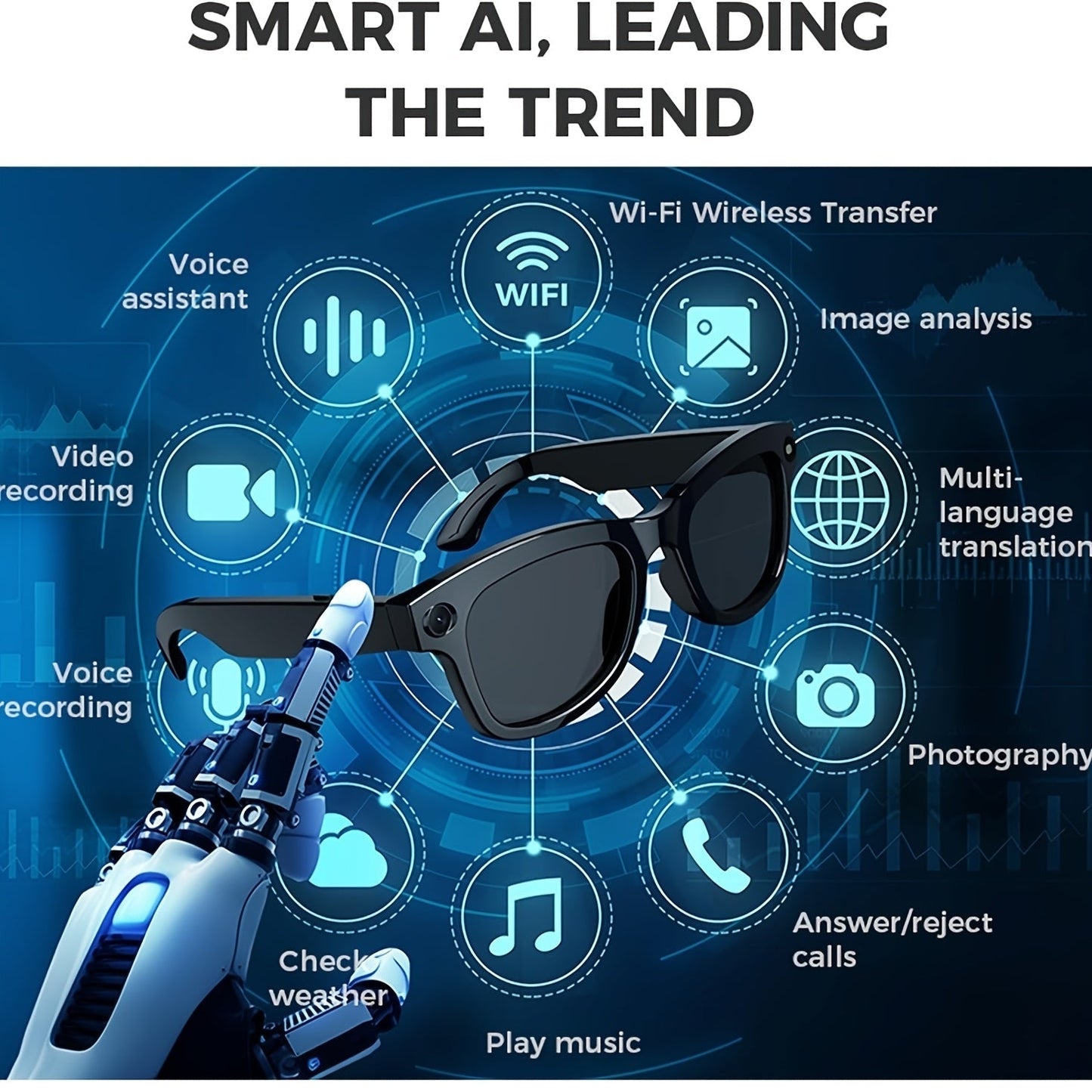 4K AI Smart Glasses with Camera – Real-Time Translation, Object Recognition, Open-Ear Audio, Touch Control, 8-Hour Battery, USB-C Charging, Ultra-Light for Outdoor, Work & Travel