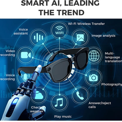 4K AI Smart Glasses with Camera – Real-Time Translation, Object Recognition, Open-Ear Audio, Touch Control, 8-Hour Battery, USB-C Charging, Ultra-Light for Outdoor, Work & Travel