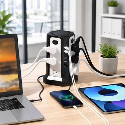 Tower Surge Protector Power Strip 12 AC Outlets 5 USB Ports PD 18W USB-C Fast Charging 10FT Extension Cord 1800J Surge Protection 4 Switches for Home Office Desk Dorm Room – Space-Saving Vertical Design