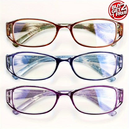 Women's Floral Reading Glasses Set of 3 - Rectangular Frames High-Definition Lenses Stylish Readers Brown Blue Purple Spring Hinge Lightweight Comfortable Eyewear Gift