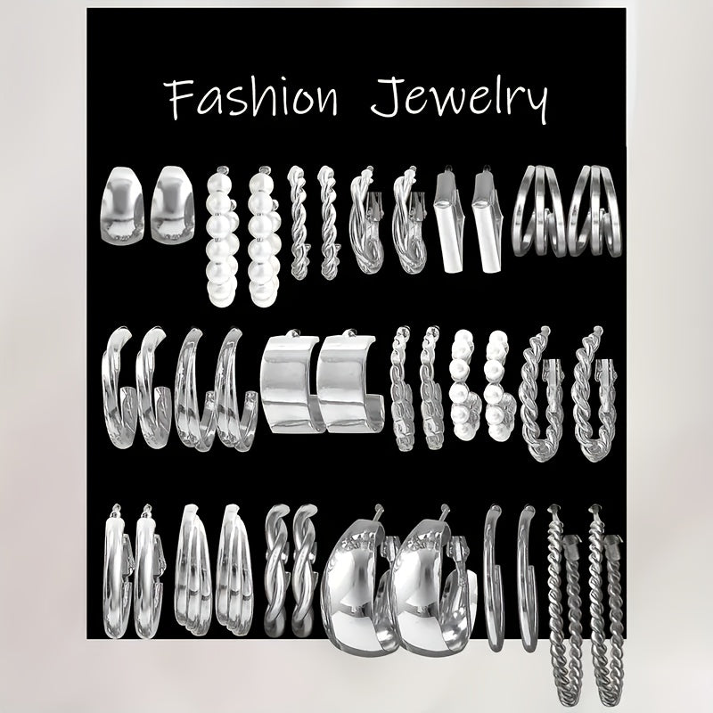 24 Pairs Fashion Alloy Earrings Set for Women – Zinc Alloy with Stainless Steel Studs Hypoallergenic Everyday Party Holiday Jewelry Gift Year-Round Styling