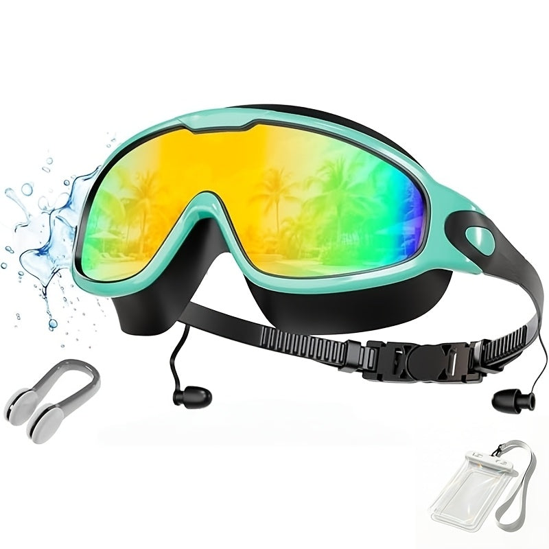 Anti-Fog Swim Goggles Wide View Mirrored UV Protection – No-Leak Swimming Goggles for Adults Men Women Youth with Earplugs, Nose Clip & Phone Pouch, Triathlon Pool Gear