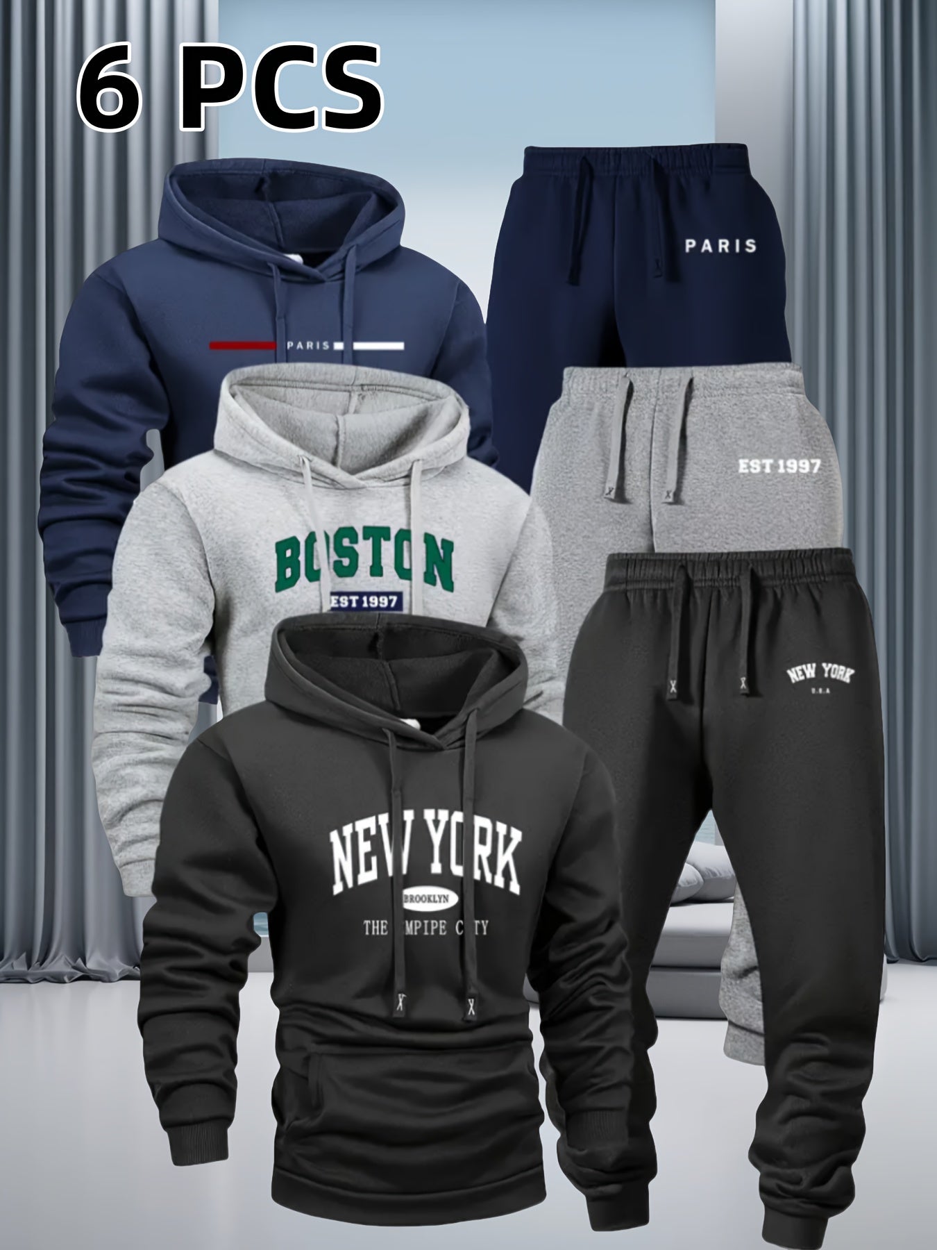 Men's 6-Piece Tracksuit Set Hoodie & Jogger Pants - City Print Street Style Sportswear for Jogging Outdoor Fitness Casual Wear S-XXL
