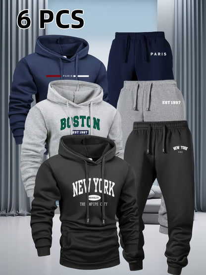 Men's 6-Piece Tracksuit Set Hoodie & Jogger Pants - City Print Street Style Sportswear for Jogging Outdoor Fitness Casual Wear S-XXL