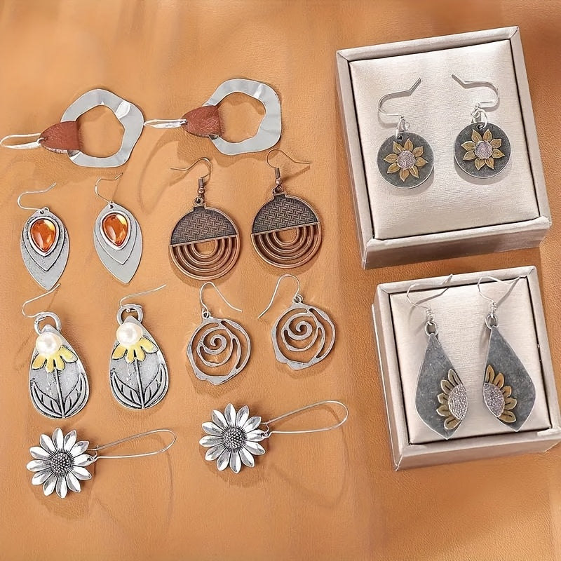 9-Pair Bohemian Geometric Earrings Set for Women – Wooden Leather Retro Sunflower Circular Earrings, Multicolor Boho Style, Perfect Christmas & Birthday Gift