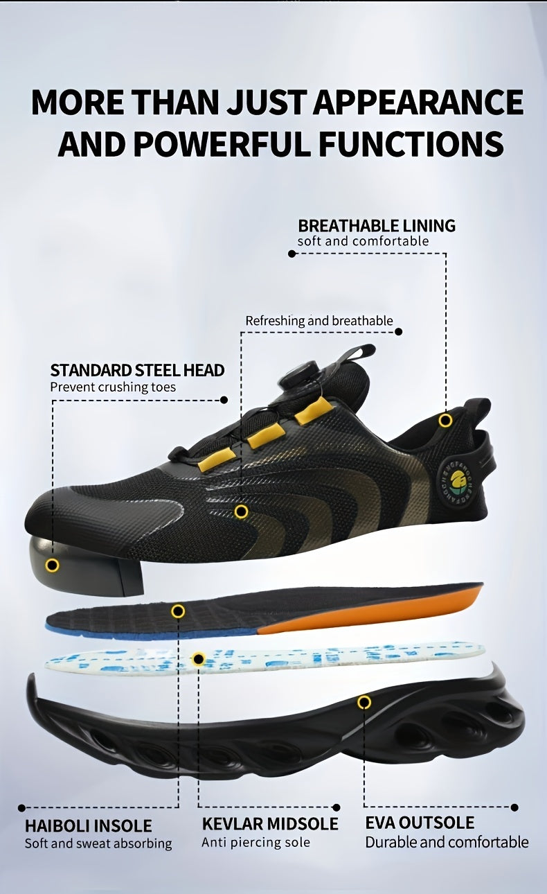 Men's Steel Toe Safety Shoes Wide Width Puncture-Proof with Rotating Buckle – Non-Slip Cushioned Work Boots for Construction, Industrial & Warehouse, Sizes US 6.5–13.5