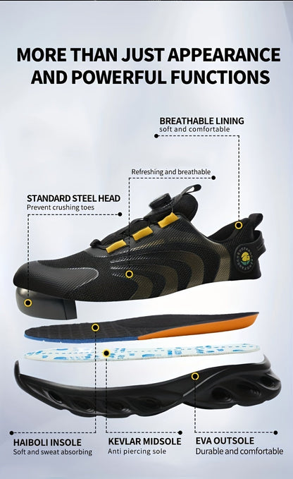 Men's Steel Toe Safety Shoes Wide Width Puncture-Proof with Rotating Buckle – Non-Slip Cushioned Work Boots for Construction, Industrial & Warehouse, Sizes US 6.5–13.5