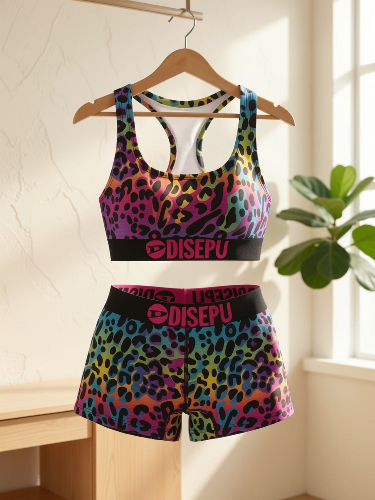 Women's Rainbow Leopard Print Workout Set – 2-Piece Sports Bra & High Waist Shorts Athletic Outfit for Yoga Gym Running Dance Festival, Colorful Activewear for Teens & Women Sizes S-XXL