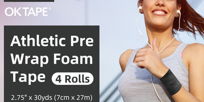 Pre Wrap Tape 4-Rolls Athletic Foam Underwrap for Sports - Protect Ankles Wrists Hands Knees, 2.75 Inch x 30 Yards Each Roll, OK TAPE Sports Underwrap