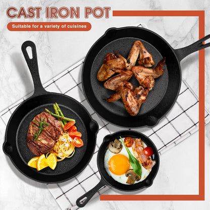 3pcs Cast Iron Skillet Set with Drip Spout – Pre-Seasoned Non-Stick Heavy Duty Cookware for Holiday Cooking, RV Camping, Campfire Meals, Oven & Stovetop Safe Kitchen Gift