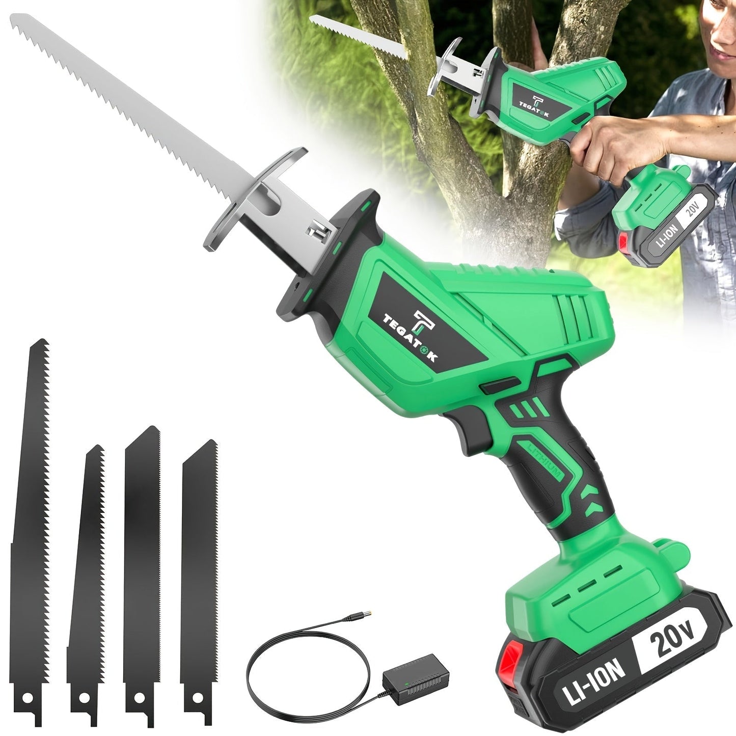 Cordless Reciprocating Saw with LED Light & Safety Lock | Electric Handsaw for Multi-Purpose Cutting, Replaceable Blades, Toolbox Included – 1 or 2 Battery Options, Yellow/Green/Red