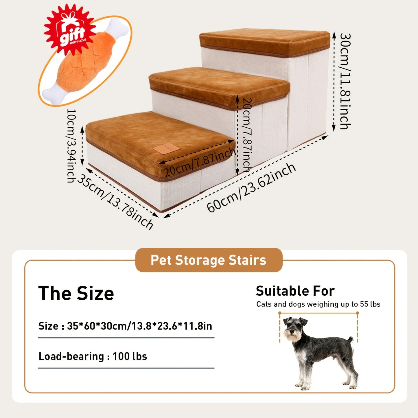 3-Tier Foldable Dog Stairs for Small Dogs – Non-Slip Nylon Pet Ramp for High Beds & Sofas, Compact Foldable Design, Brown & White, Includes Bonus Chicken Leg Plush Toy