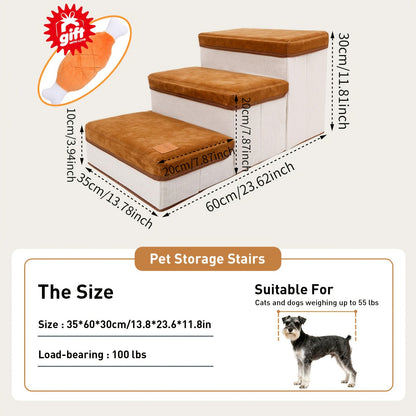 3-Tier Foldable Dog Stairs for Small Dogs – Non-Slip Nylon Pet Ramp for High Beds & Sofas, Compact Foldable Design, Brown & White, Includes Bonus Chicken Leg Plush Toy