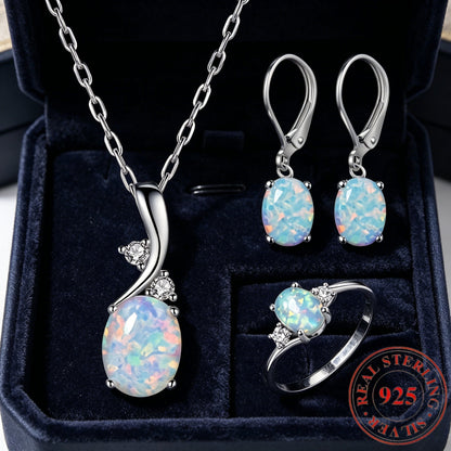 925 Sterling Silver Water Drop Opal Jewelry Set for Women – 4 Piece Necklace Earrings and Ring Set, Elegant Opal Pendant Fashion Jewelry Gift for Party Daily Wear Birthday Anniversary