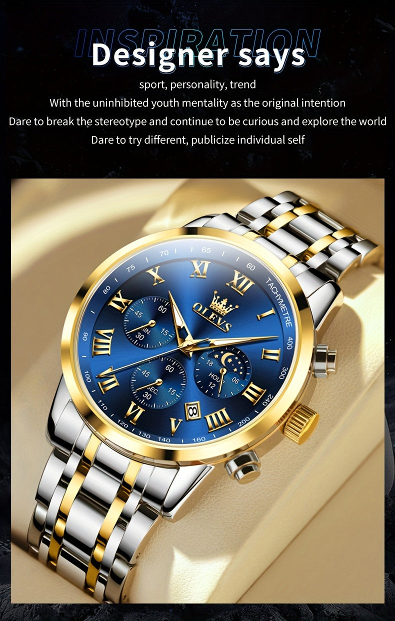 OLEVS Men's Luxury Stainless Steel Watch – Chronograph, Roman Numerals, Moon Phase Display, Luminous Analog Quartz Dress Watch for Men, 8 Color Options, Perfect Business & Gift Watch