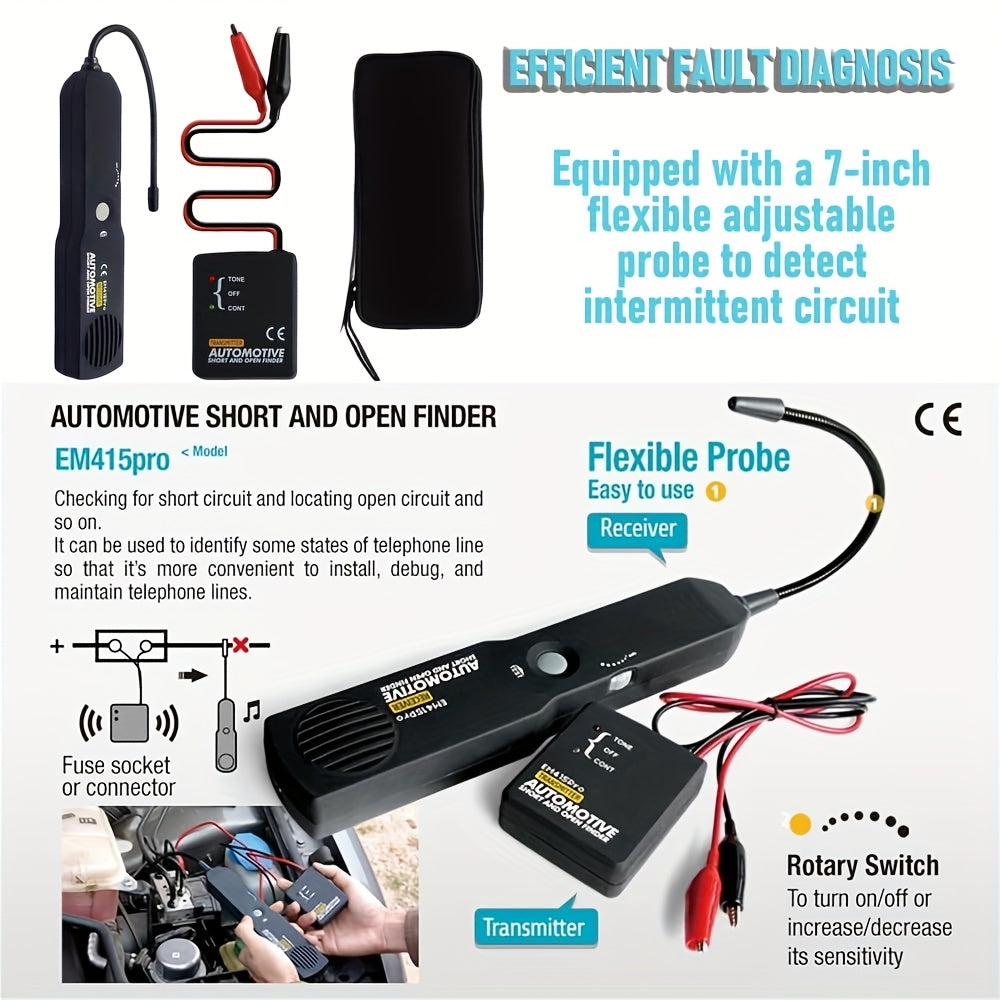 EM415PRO Automotive Wire Tracker Kit 6-42V DC Circuit Tester – Fast Locate Broken Wires & Short Circuits with Non-Contact Induction Probe – Essential Car Electrical Diagnostic Tool for Vehicle Repair