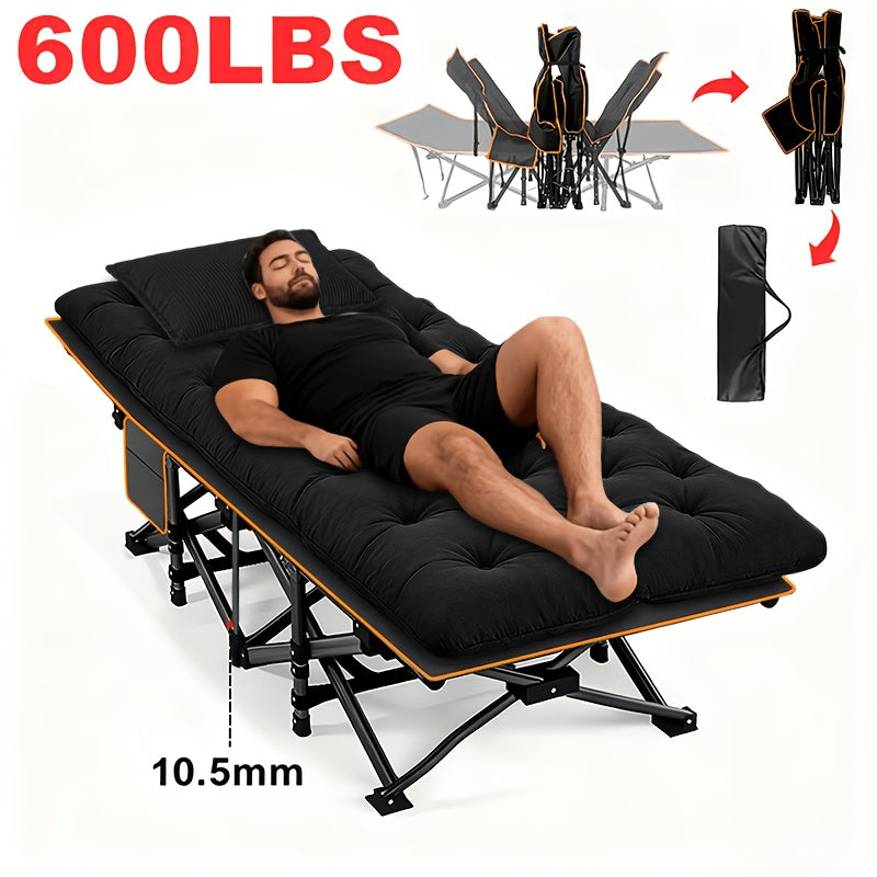 Heavy Duty Folding Camping Cot up to 700LBS – Extra Large 59"/75" Thickened Folding Bed with Mattress, Ergonomic Sturdy Frame, Portable Guest Bed & Patio Sofa for Camping, Hiking & Home Use – Black & Gray