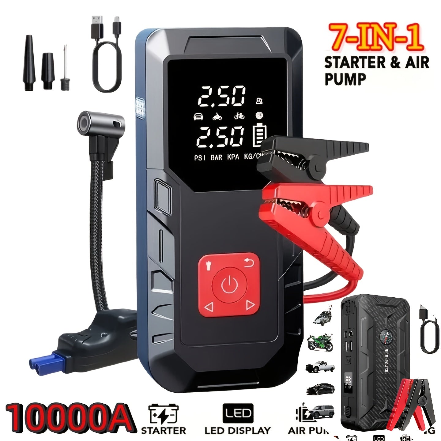 10000A Car Jump Starter with 350PSI Air Compressor, 9-in-1 Portable Battery Jump Starter Pack with LED Light, USB Type-C Fast Charging, Tire Inflator – 12V Car Emergency Kit & Gift