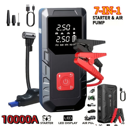 10000A Car Jump Starter with 350PSI Air Compressor, 9-in-1 Portable Battery Jump Starter Pack with LED Light, USB Type-C Fast Charging, Tire Inflator – 12V Car Emergency Kit & Gift