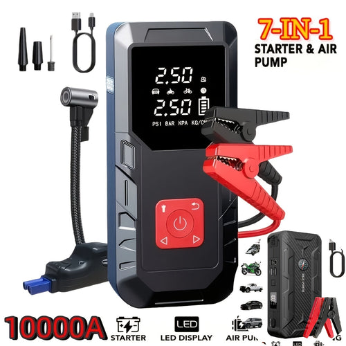 10000A Car Jump Starter with 350PSI Air Compressor, 9-in-1 Portable Battery Jump Starter Pack with LED Light, USB Type-C Fast Charging, Tire Inflator – 12V Car Emergency Kit & Gift