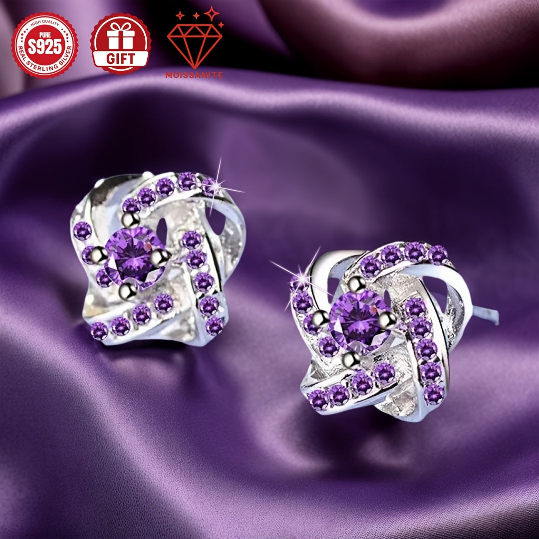 Purple Moissanite Four Leaf Clover Earrings – S925 Sterling Silver, Hypoallergenic Vintage Stud Earrings for Women, Elegant Gift Box Included, Perfect for Daily Wear, Banquets & Valentine's Day