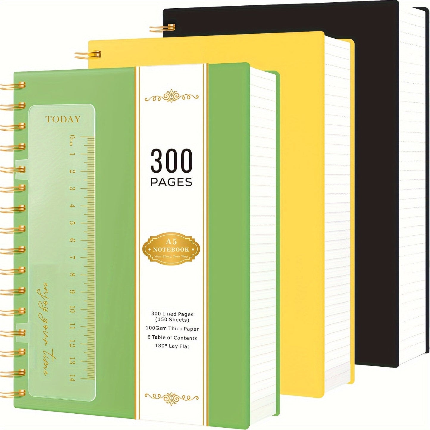 Spiral Notebook 3 Pack A5 Hardcover College Ruled Journal Set, 300 Pages 100GSM Thick Paper, PVC Cover Notepad for Women Girls Students, 5.7" x 8.4" with Ruler