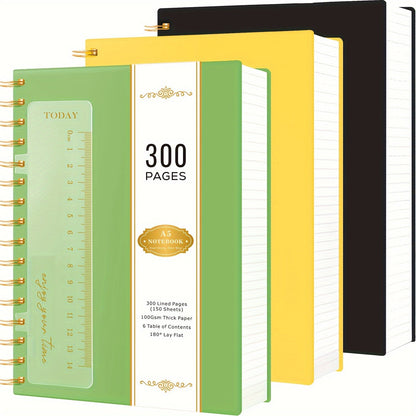 Spiral Notebook 3 Pack A5 Hardcover College Ruled Journal Set, 300 Pages 100GSM Thick Paper, PVC Cover Notepad for Women Girls Students, 5.7" x 8.4" with Ruler