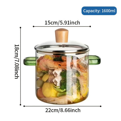 54oz Borosilicate Glass Soup Pot with Handle Heat Resistant 752°F | Stovetop Oven Safe Transparent Glass Cooker | Soup Congee Ramen Milk Pot | Easy Clean Odorless Non-Toxic | Green Yellow Handle