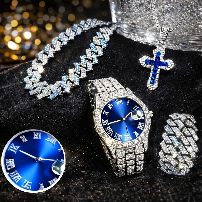 Cuban Link Hip Hop Jewelry Set for Men & Women – Necklace Pendant Bracelet & Blue Dial Watch, Unisex Streetwear Bling, Gold & Silver Tone, Party Daily Gift