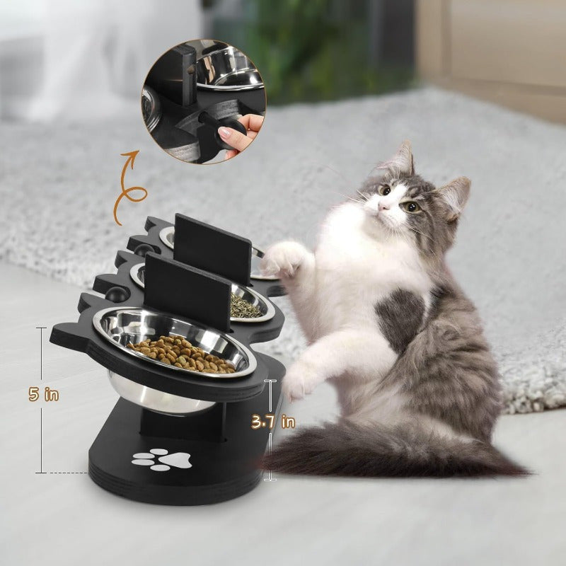 Elevated Cat Bowl Stand with 15° Tilted Stainless Steel Bowls – Adjustable Raised Feeder for Cats & Small Dogs, Anti-Spill Black Wooden Base, Set of 2 or 3 Bowls for Food and Water