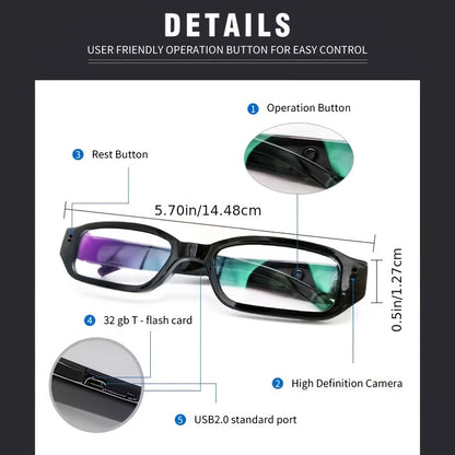 1080P HD Video Glasses Camera with TF Card Slot – Portable Digital Recorder, USB Powered, No Driver Required, for Sports, Outdoor Activities & Meetings, Includes 32GB TF Card