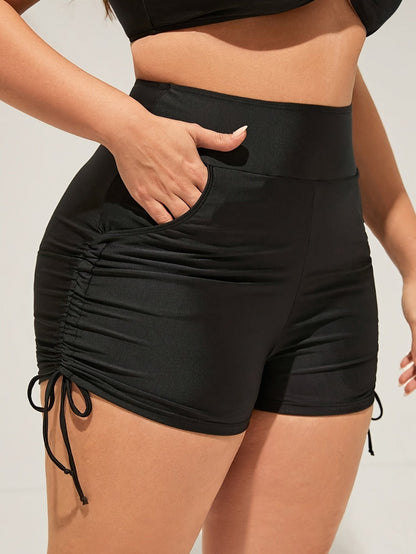 Women's High-Waisted Swim Shorts Plus Size Retro Stretchy Solid Color Drawstring Side Pockets Machine Washable Beach Pool Swimwear 0XL-4XL Elegant Comfortable Fit