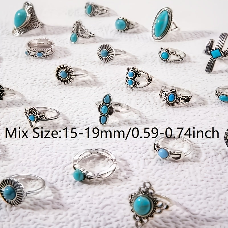 28pcs Vintage Bohemian Stackable Ring Set for Women – Turquoise, Geometric, Heart & Butterfly Designs, Adjustable Boho Rings for Everyday Wear, Holiday Parties & Festive Gifts
