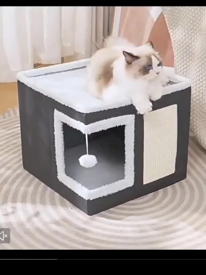 Multi-Layer Cat House with 2-Tier Bed, Toy Tunnel, Foldable Scratching Post & Cozy Mat – All-Season Indoor Cat Condo with Plush Hanging Ball, Nylon Frame & Canvas, Foldable Design